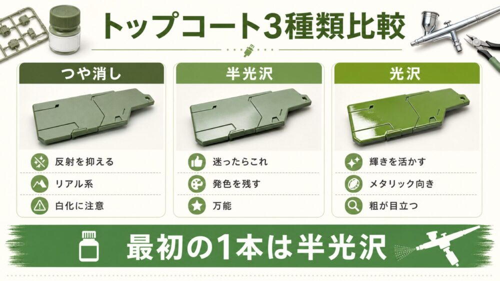 つや消し・半光沢・光沢トップコートの比較図