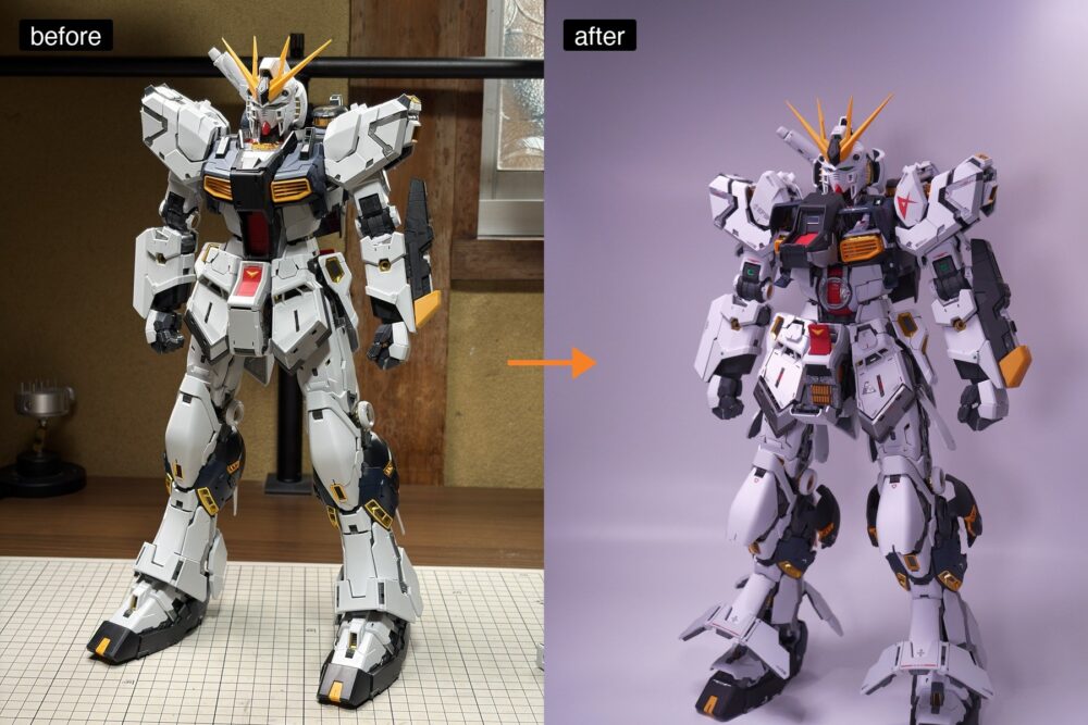 PG UNLEASHED νガンダム 立ち姿の仮組みと完成の比較
